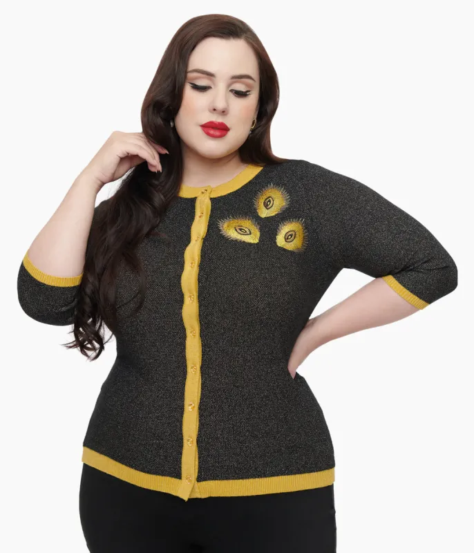 Unique Vintage Plus Size 1950s Black & Gold Peacock Feather Embroidered Bookworm Cardigan sold by Unique Vintage