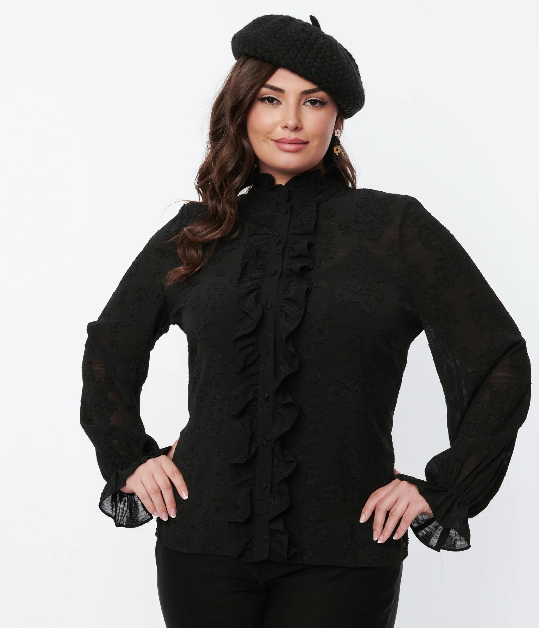 Smak Parlour Black Floral Ruffle Neck Blouse sold by Unique Vintage product image thumbnail 2