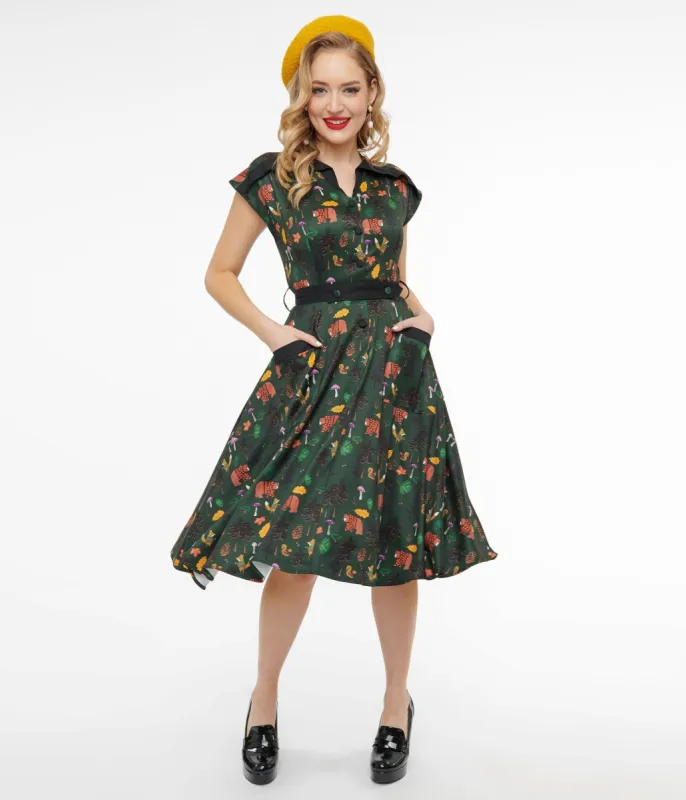 Unique Vintage 1940s Forest Green Woodland Creature Hedda Swing Dress sold by Unique Vintage