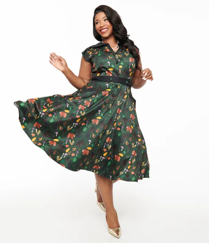 Unique Vintage Plus Size 1940s Forest Green Woodland Creature Hedda Swing Dress sold by Unique Vintage