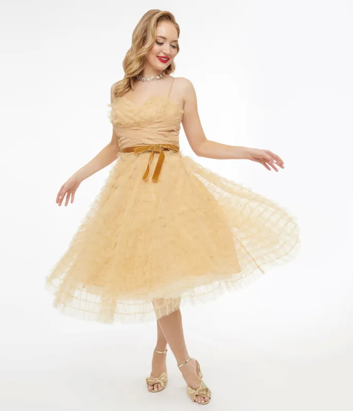 Unique Vintage 1950s Gold Glitter Tulle Cupcake Swing Dress sold by Unique Vintage