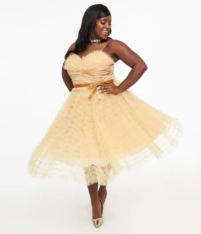 Unique Vintage Plus Size 1950s Gold Glitter Tulle Cupcake Swing Dress sold by Unique Vintage