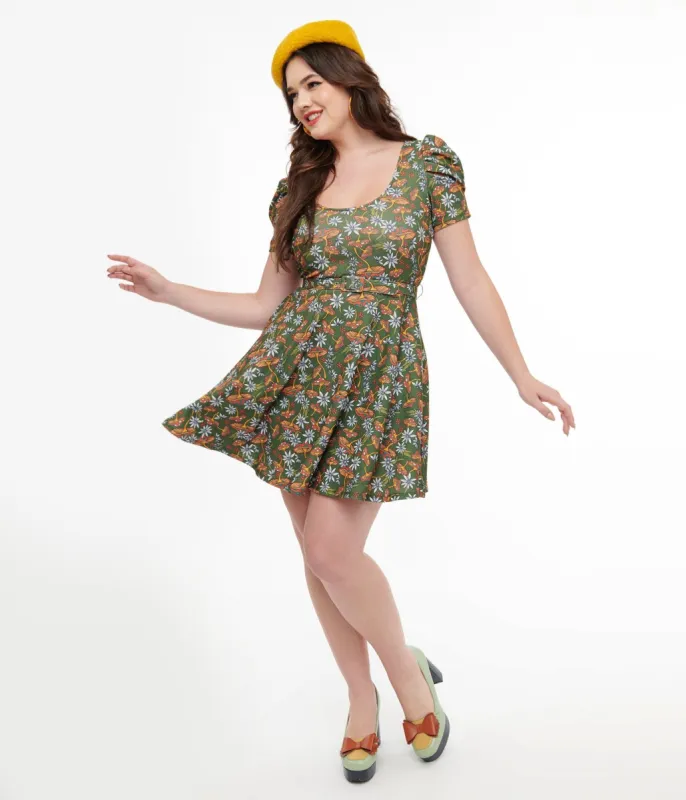 Smak Parlour 1960s Green & Orange Mushroom Group Chat Flare Dress sold by Unique Vintage