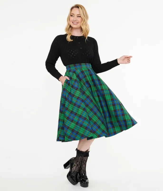 1950's Green & Blue Winter Check Swing Skirt sold by Unique Vintage