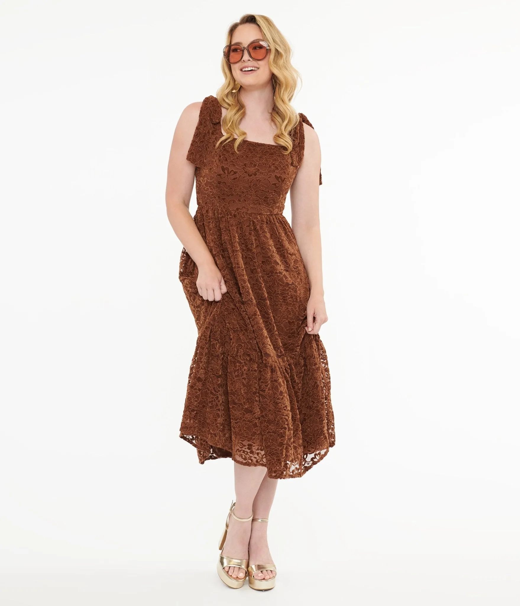 Brown Velvet Lace Midi Dress sold by Unique Vintage product image thumbnail 3