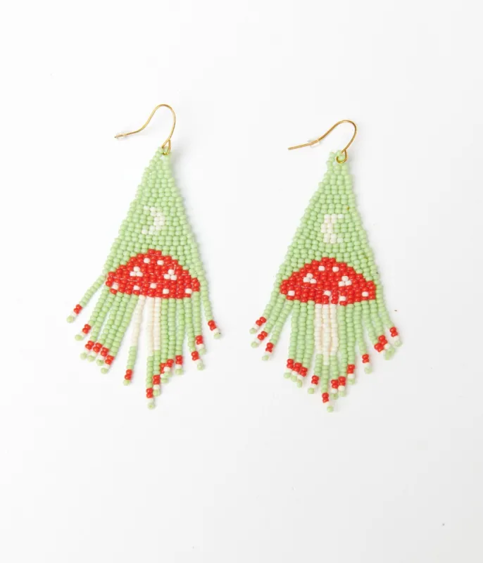 Mint & Red Mushroom Beaded Earrings sold by Unique Vintage