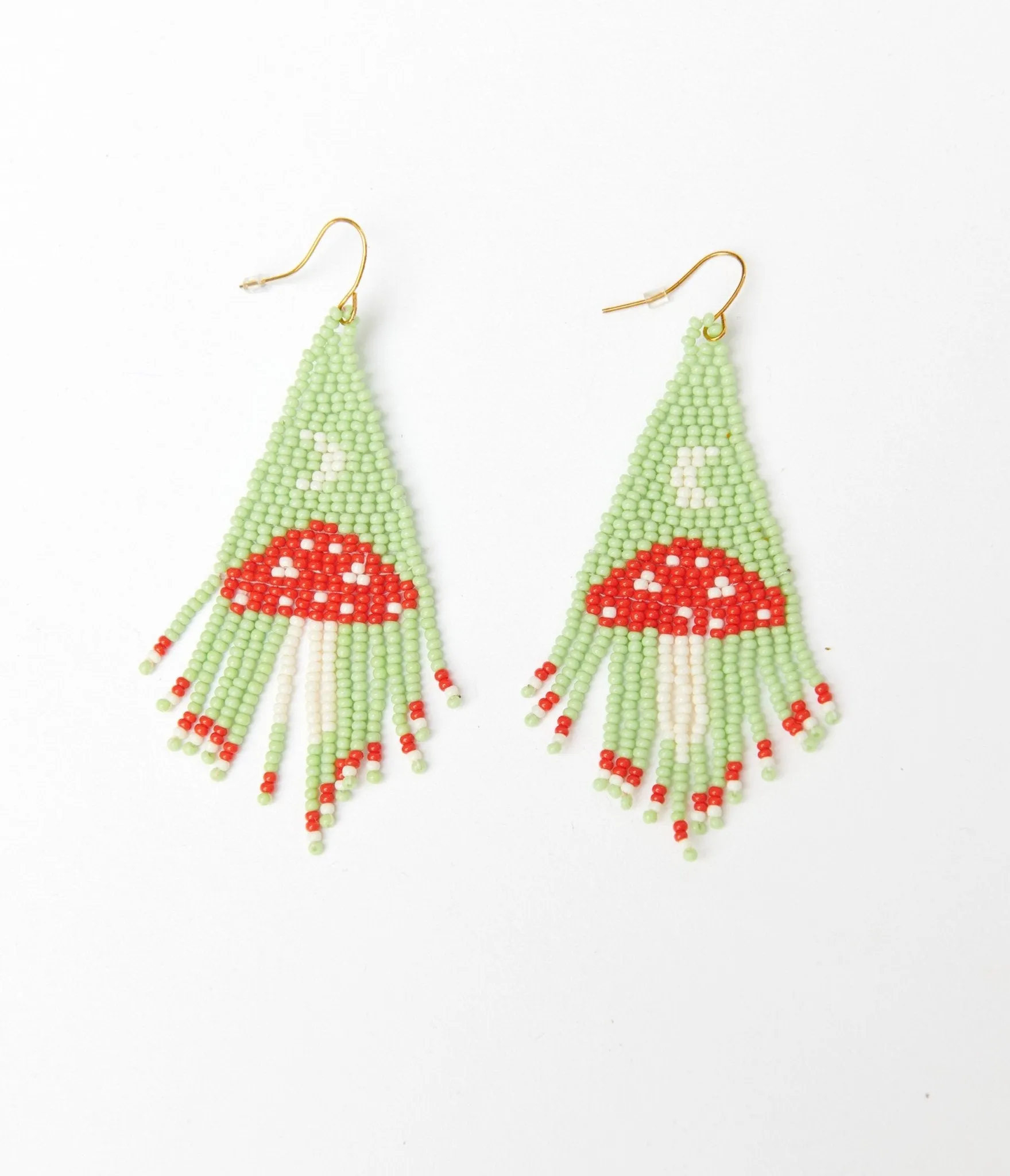 Mint & Red Mushroom Beaded Earrings sold by Unique Vintage