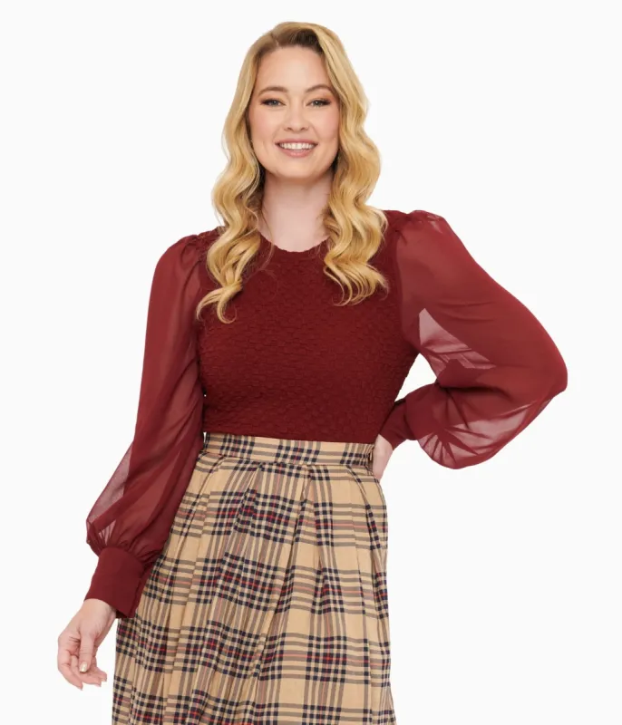 Burgundy Textured Embrace The Journey Woven Blouse sold by Unique Vintage