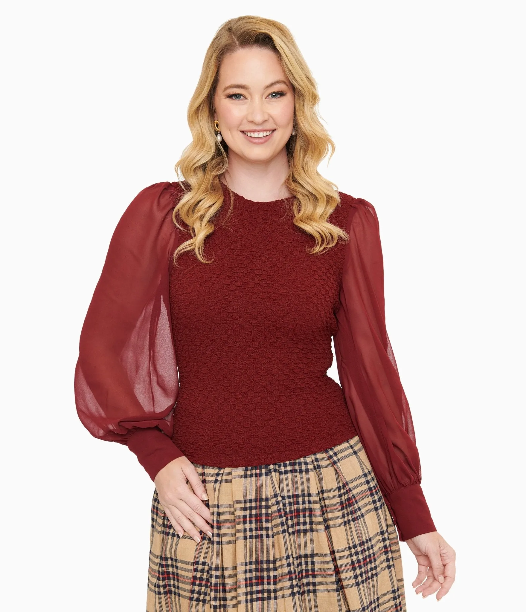 Burgundy Textured Embrace The Journey Woven Blouse sold by Unique Vintage product image thumbnail 3