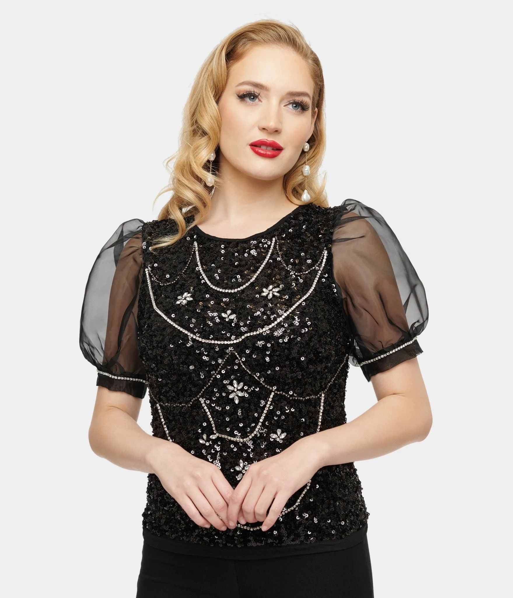 1980s Black Sequin & Rhinestone Organza Top sold by Unique Vintage product image thumbnail 3