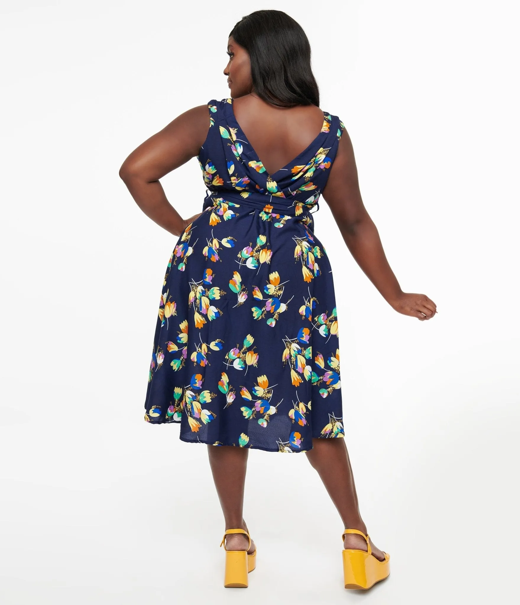 Plus Size 1950s Navy Floral Print Swing Dress sold by Unique Vintage product image thumbnail 2