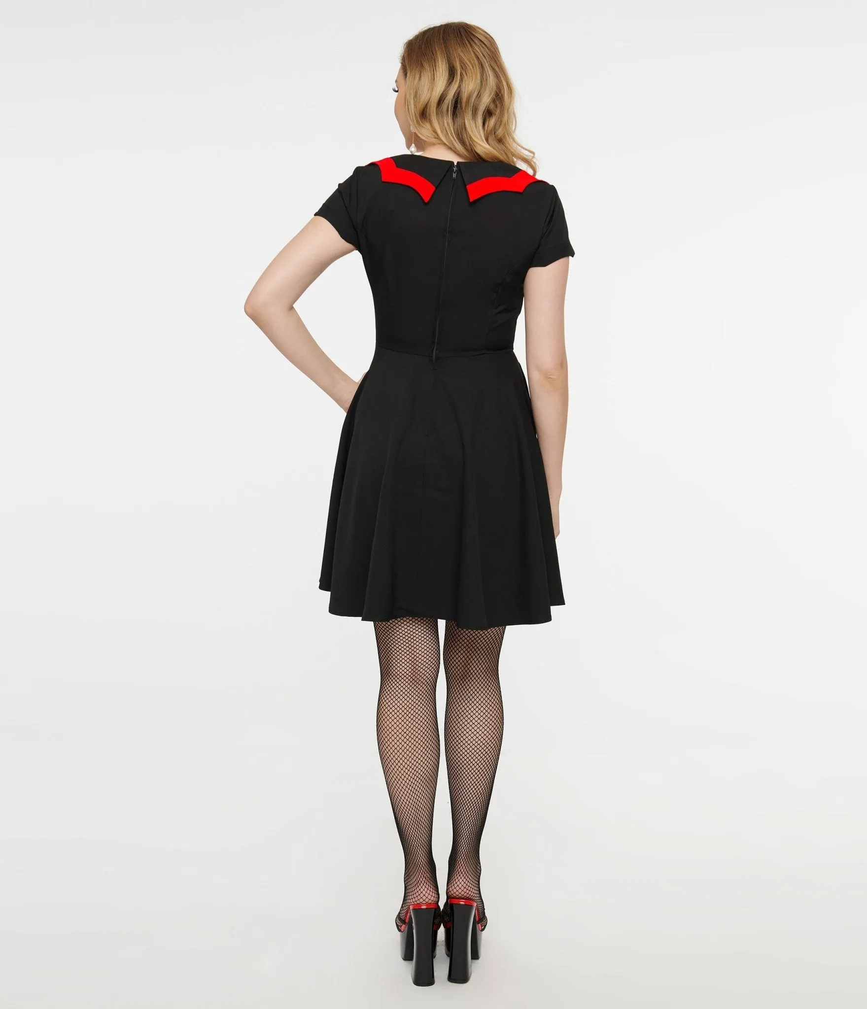 1950s Black & Red Bat Wing Collar Mini Dress sold by Unique Vintage product image thumbnail 3