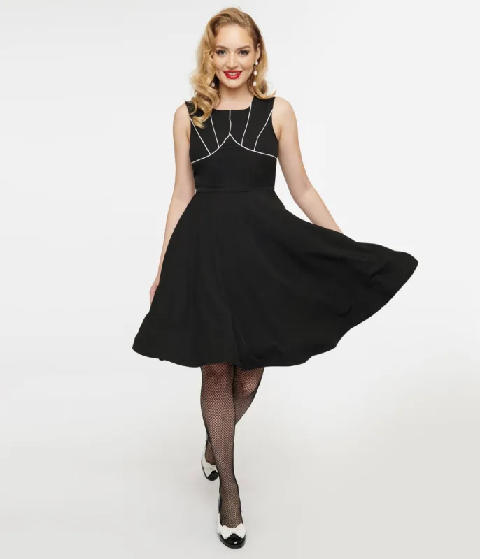 1950s Black & White Piping Fit & Flare Dress sold by Unique Vintage