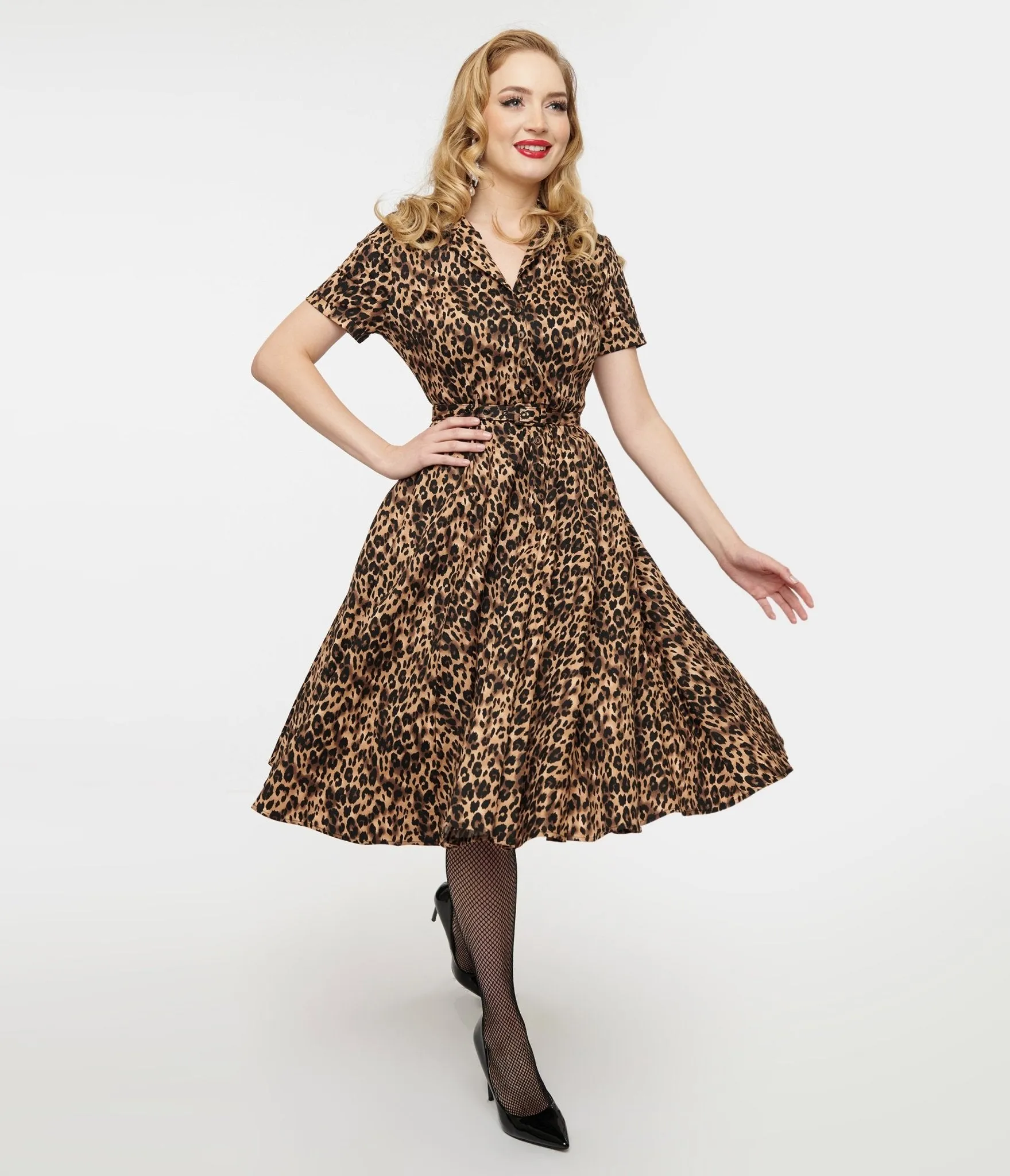1950s Cheetah Girl Belted Swing Dress sold by Unique Vintage
