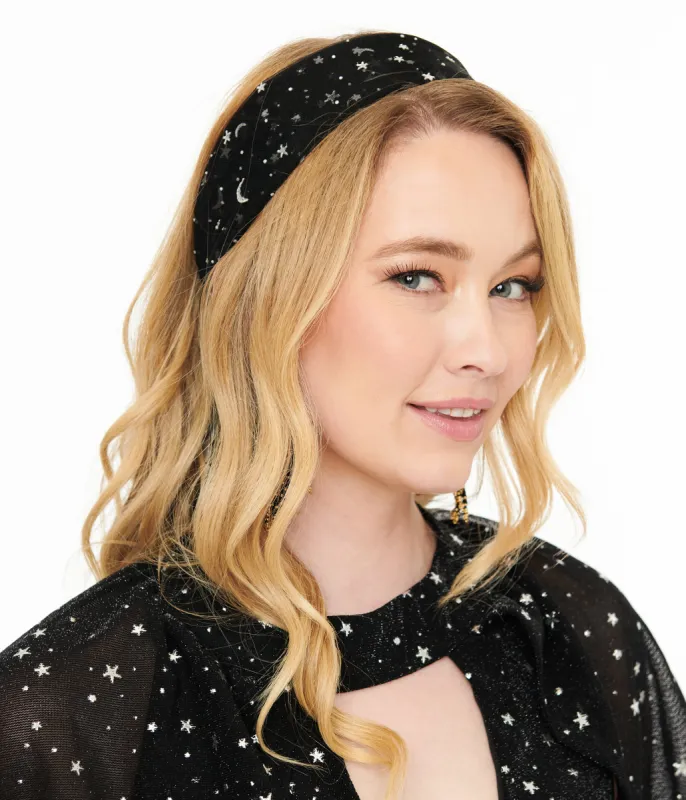 Unique Vintage 1950s Black & Silver Star Print Hair Scarf sold by Unique Vintage