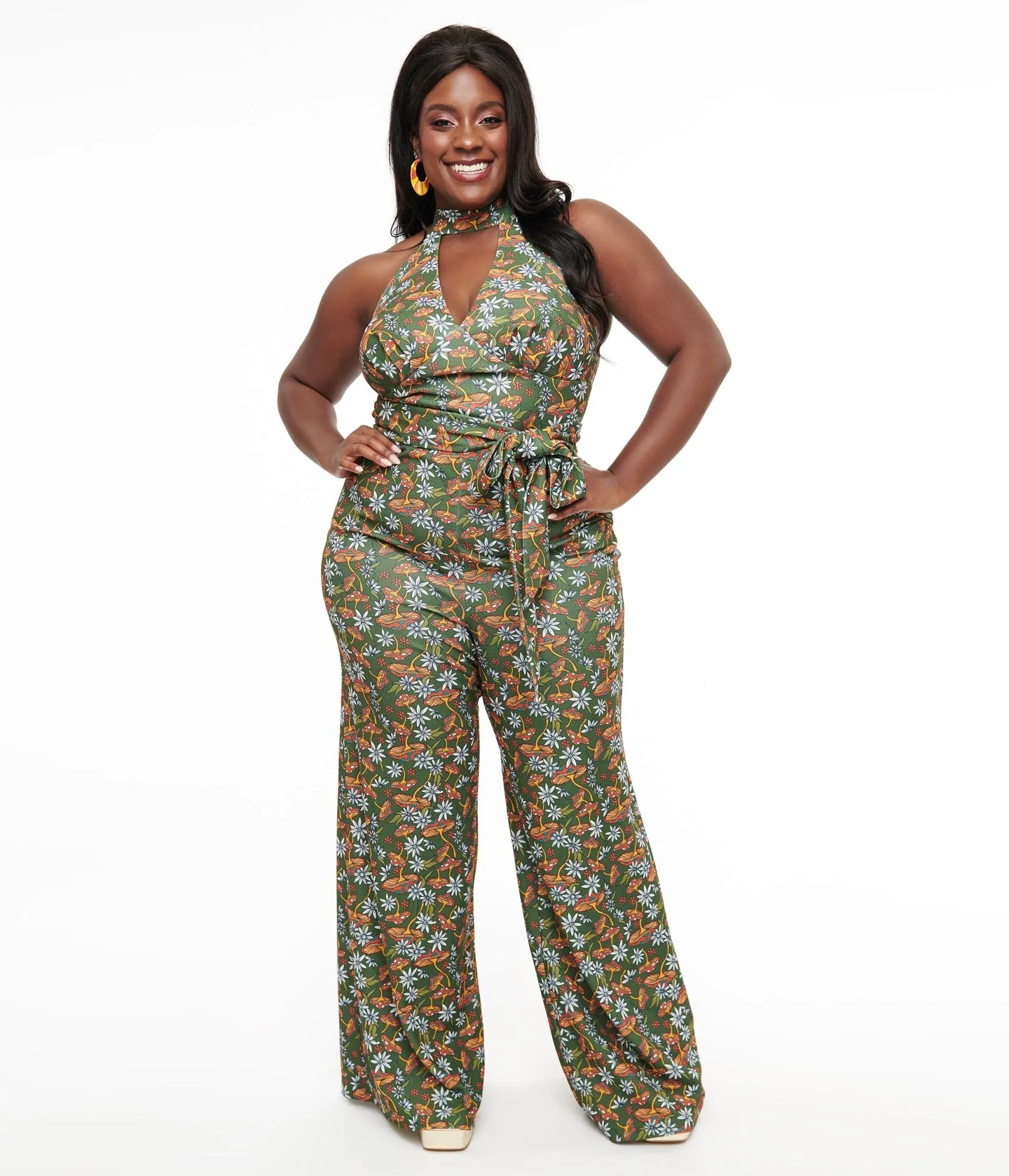 Smak Parlour Plus Size 1960s Green & Orange Mushroom Glamour Goddess Jumpsuit sold by Unique Vintage