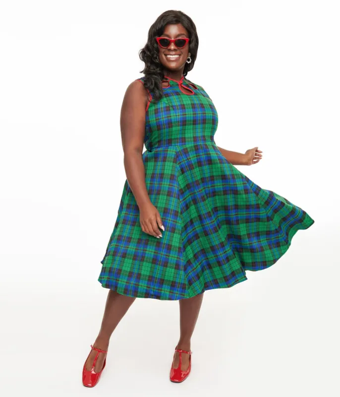 Banned Plus Size 1950s Green & Blue Check Swing Dress sold by Unique Vintage