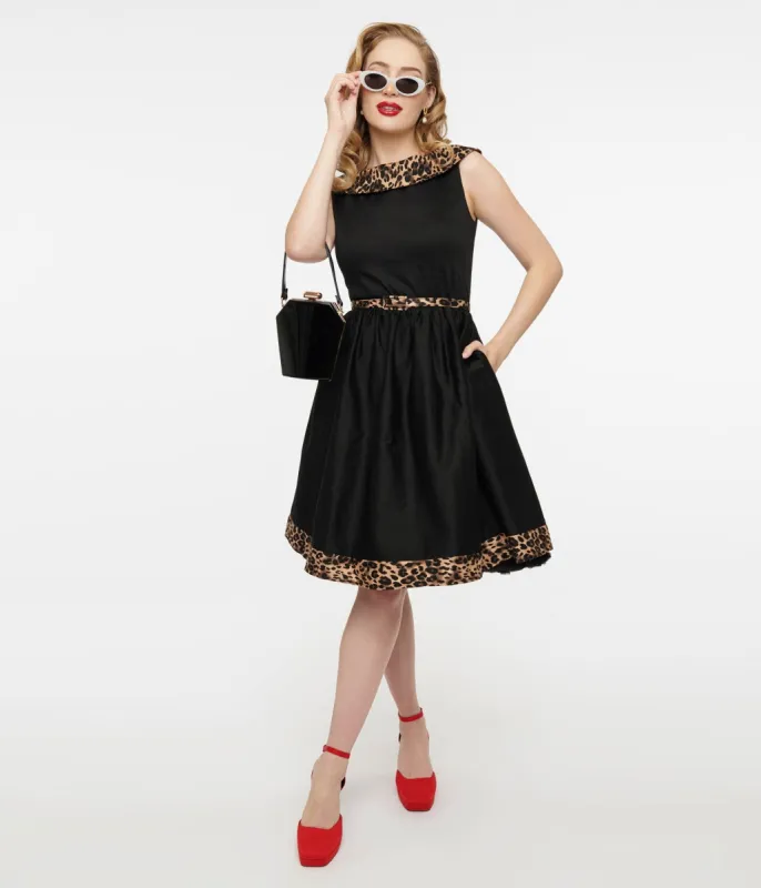 Dolly & Dotty 1950s Black & Leopard Cindy Swing Dress sold by Unique Vintage