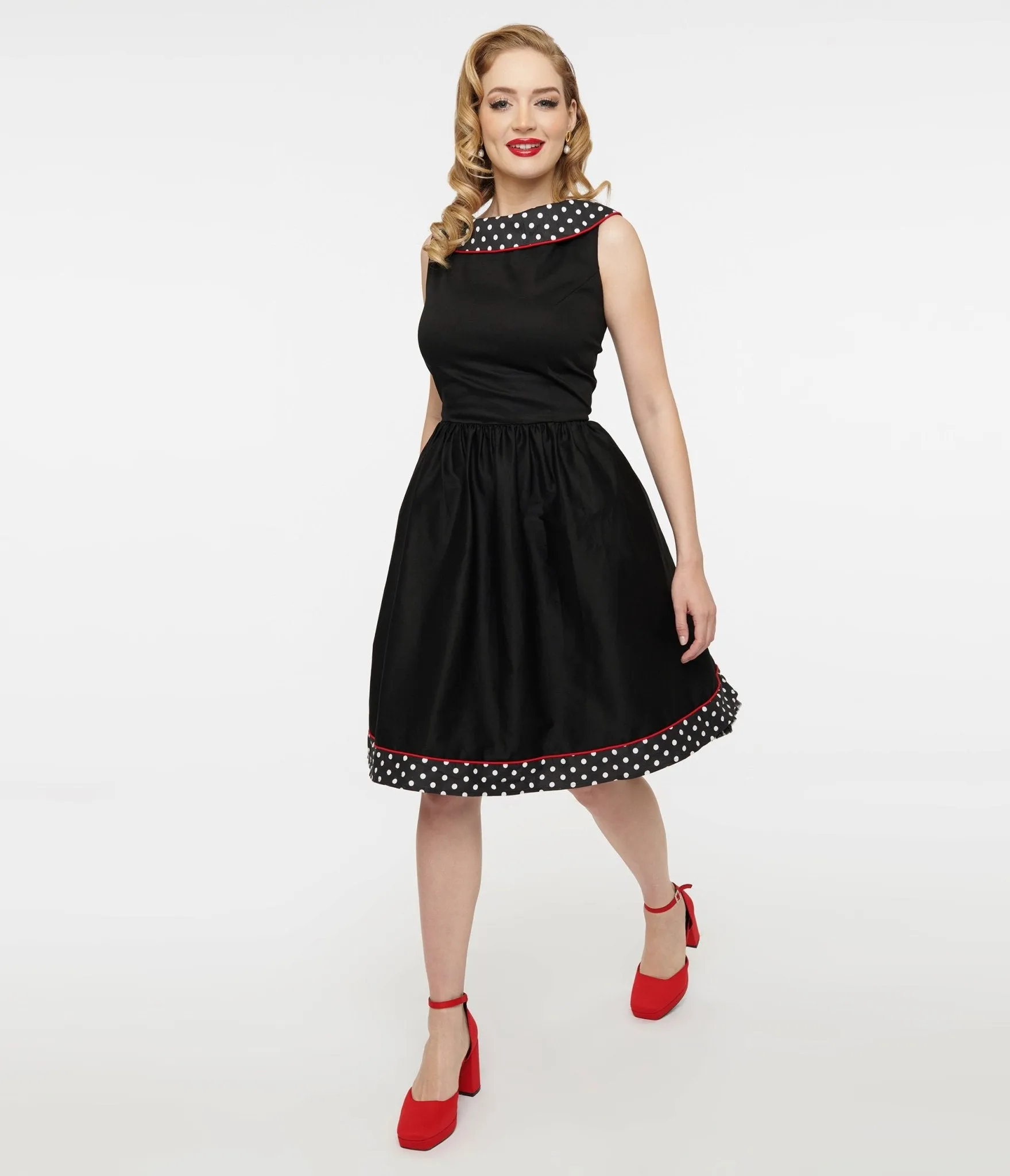 Dolly & Dotty 1950s Black & White Polka Dot Cindy Swing Dress sold by Unique Vintage