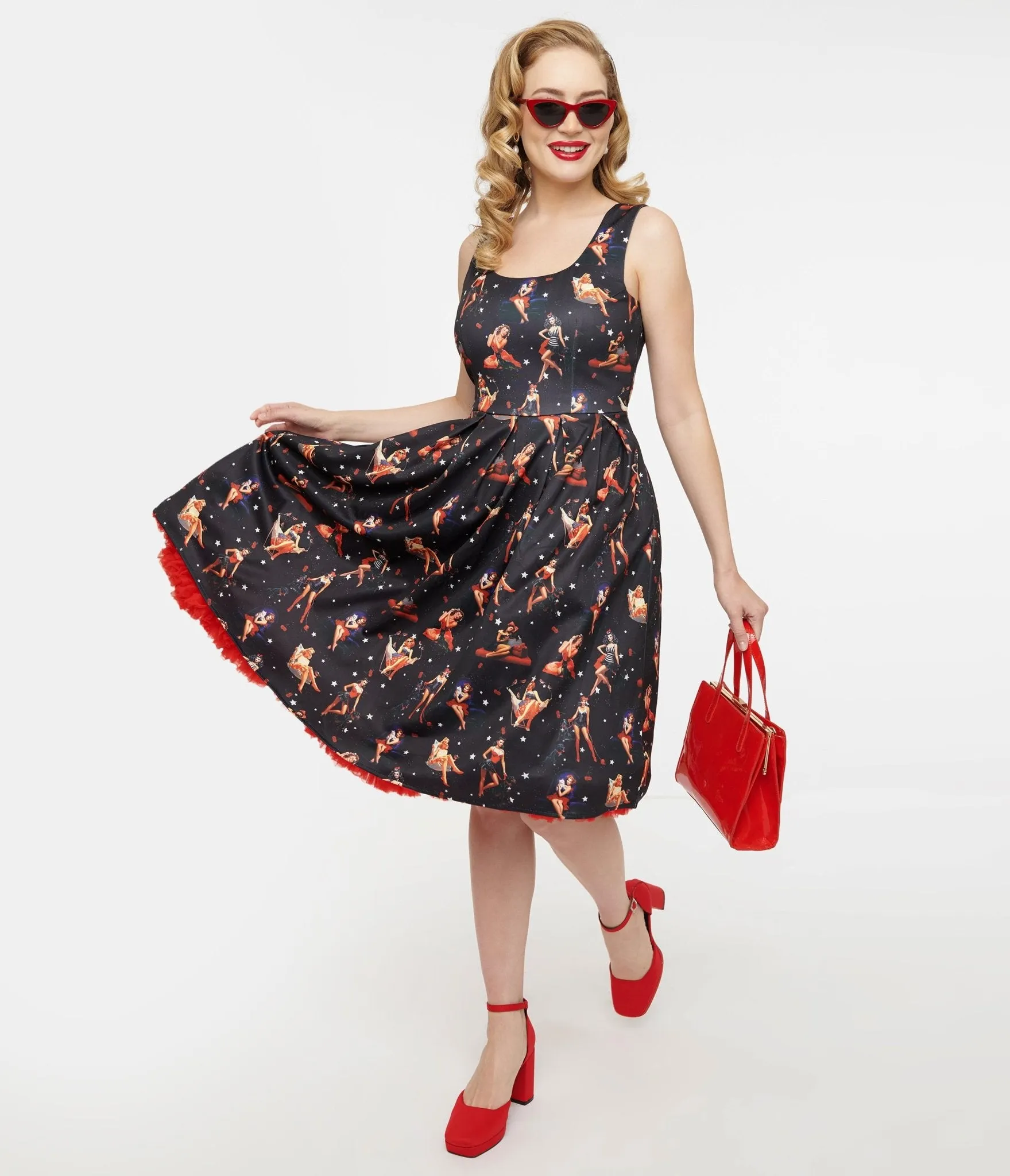 Dolly & Dotty 1950s Black & Pinup Print Amanda Swing Dress sold by Unique Vintage