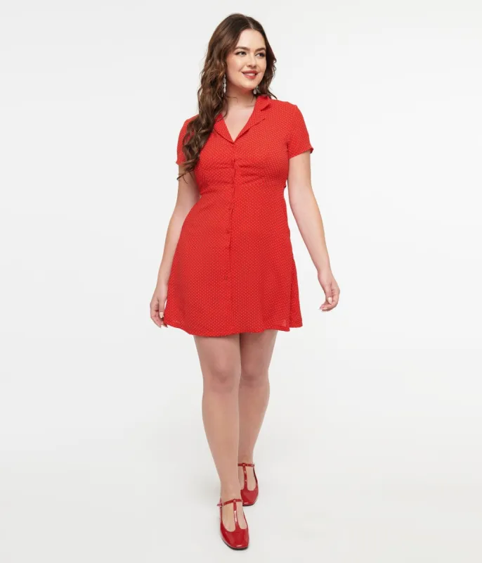 Red & White Pin Dot Button Up Mini Dress sold by Unique Vintage