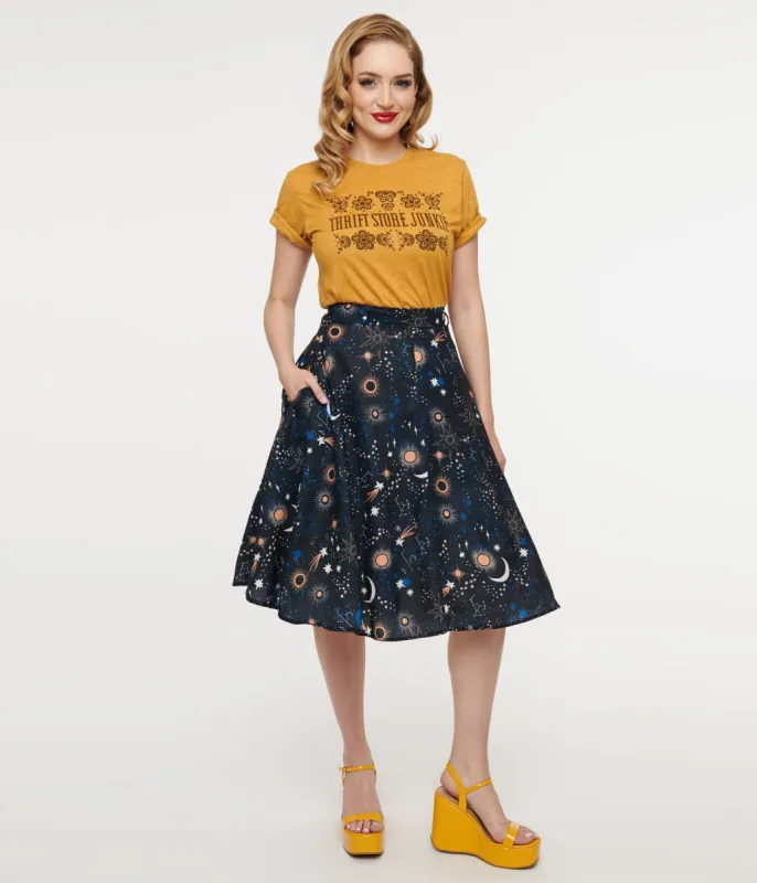 1950s Black Celestial Galaxy Print Swing Skirt sold by Unique Vintage
