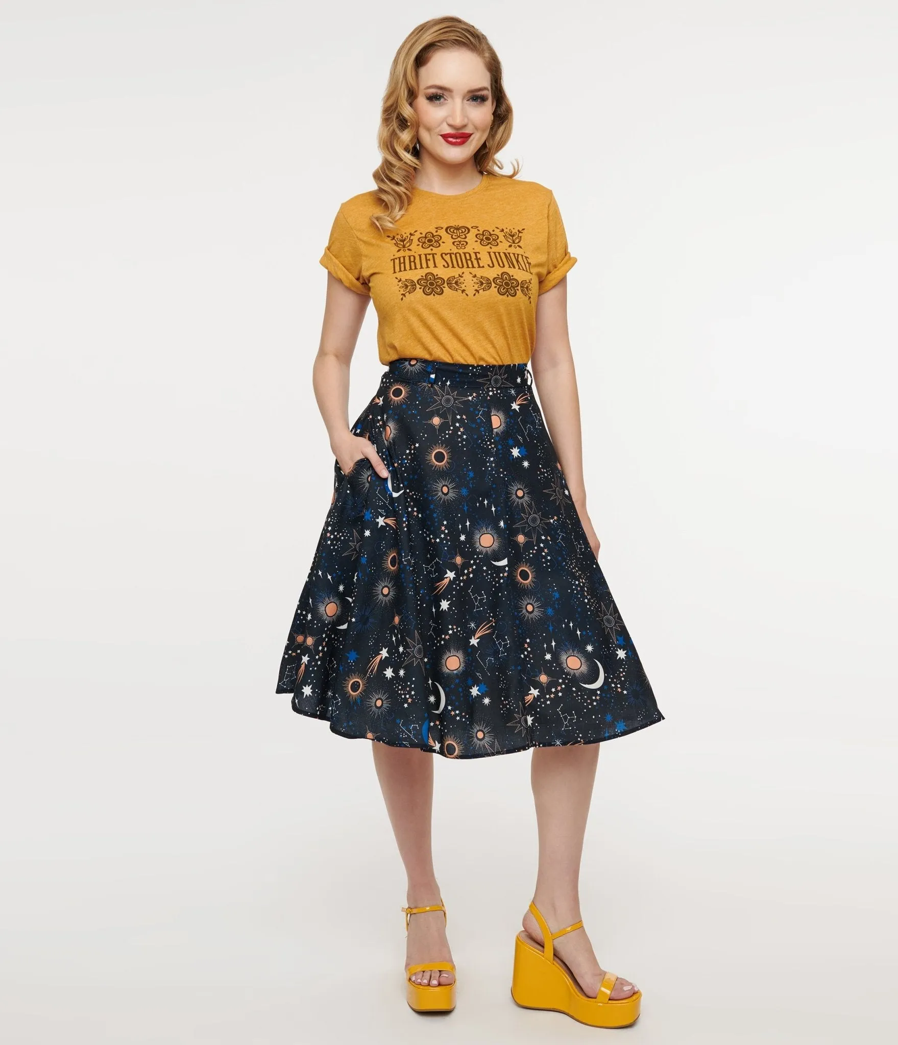 1950s Black Celestial Galaxy Print Swing Skirt sold by Unique Vintage