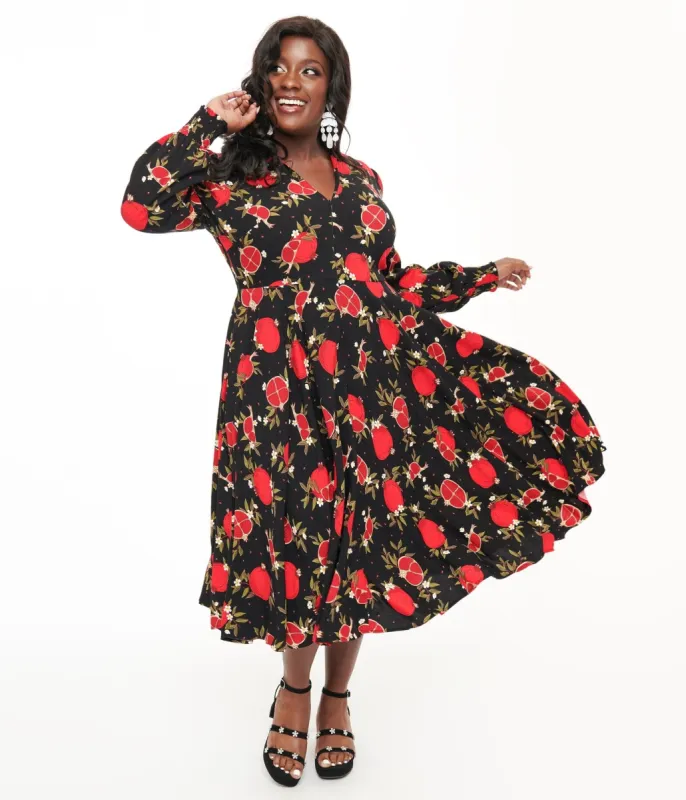 Banned Plus Size 1940s Black & Red Pomegranate Midi Dress sold by Unique Vintage
