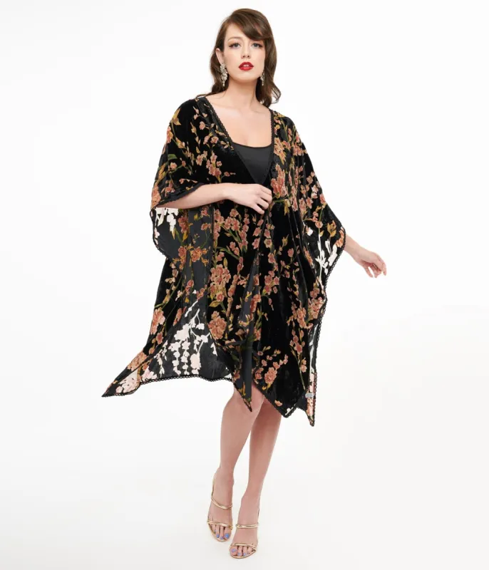 Black & Pink Velvet Blossom Kimono sold by Unique Vintage