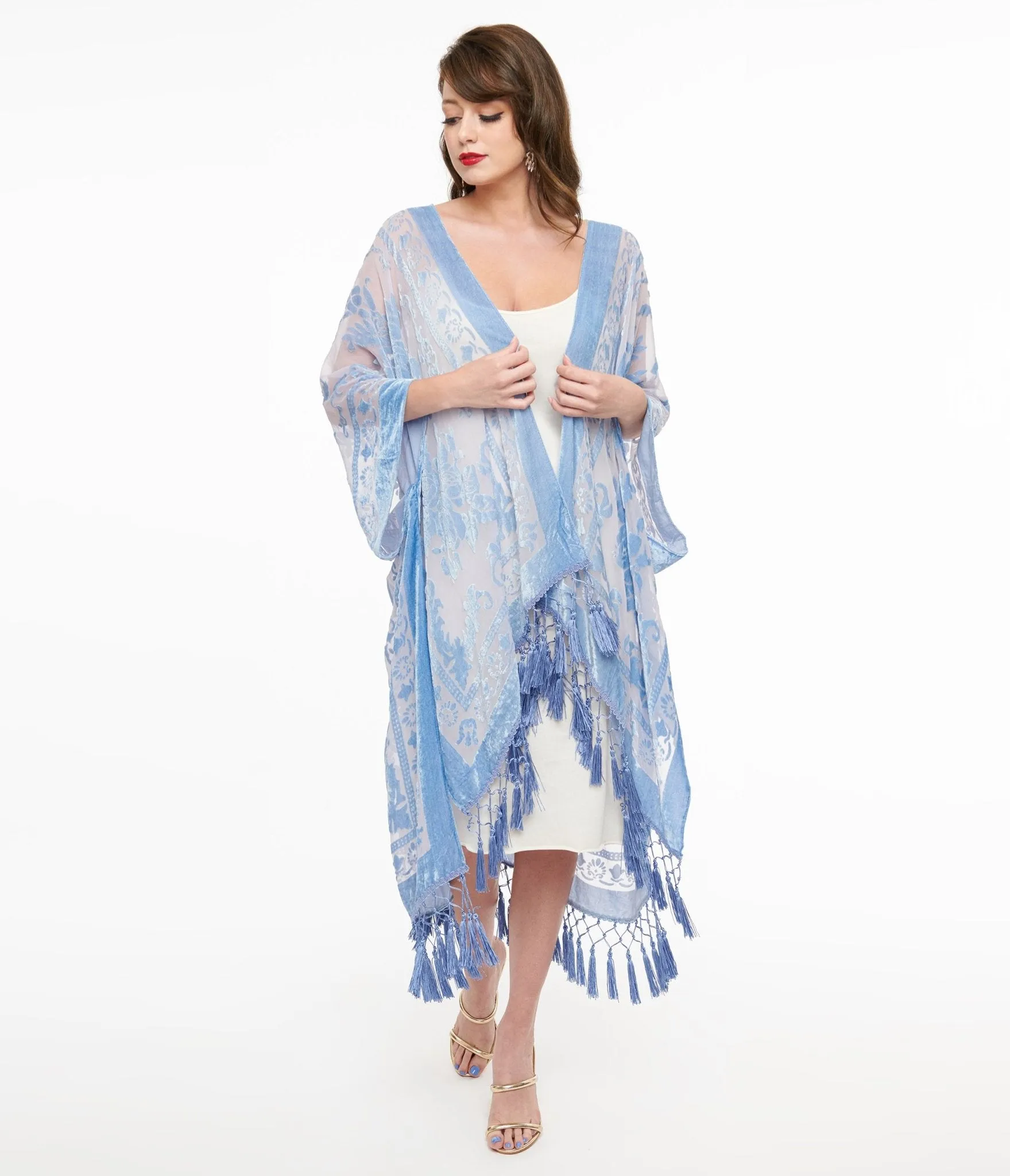 Sky Blue Velvet Mesh Tapestry Kimono sold by Unique Vintage