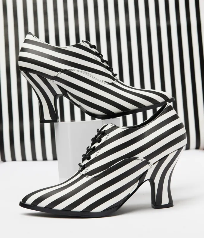 Strange Cult Black & White Stripe Victoria Heels made by Unique Vintage