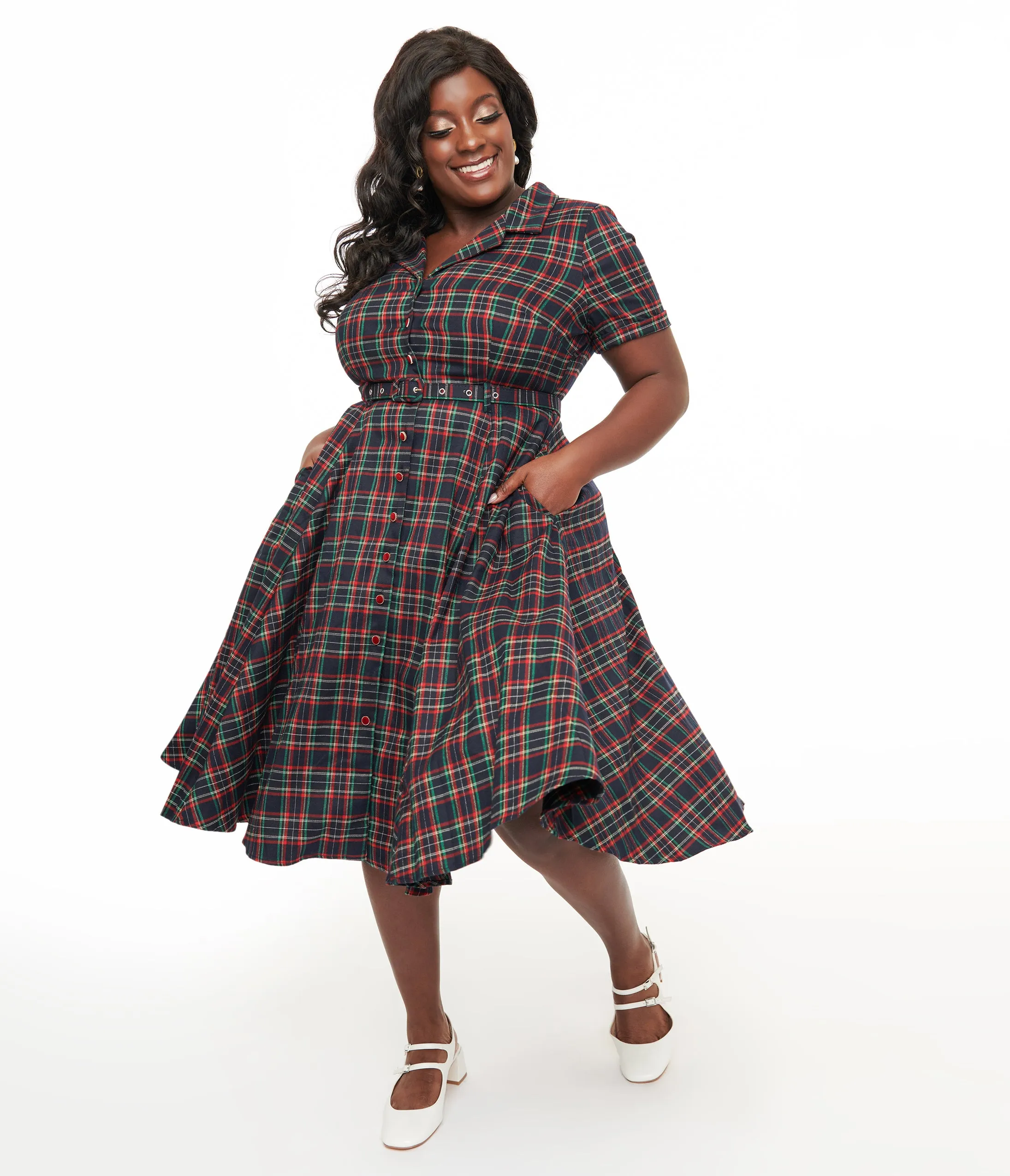 Royal Monk Plus Size 1950s Green & Red Plaid Merry Holidays Swing Dress sold by Unique Vintage