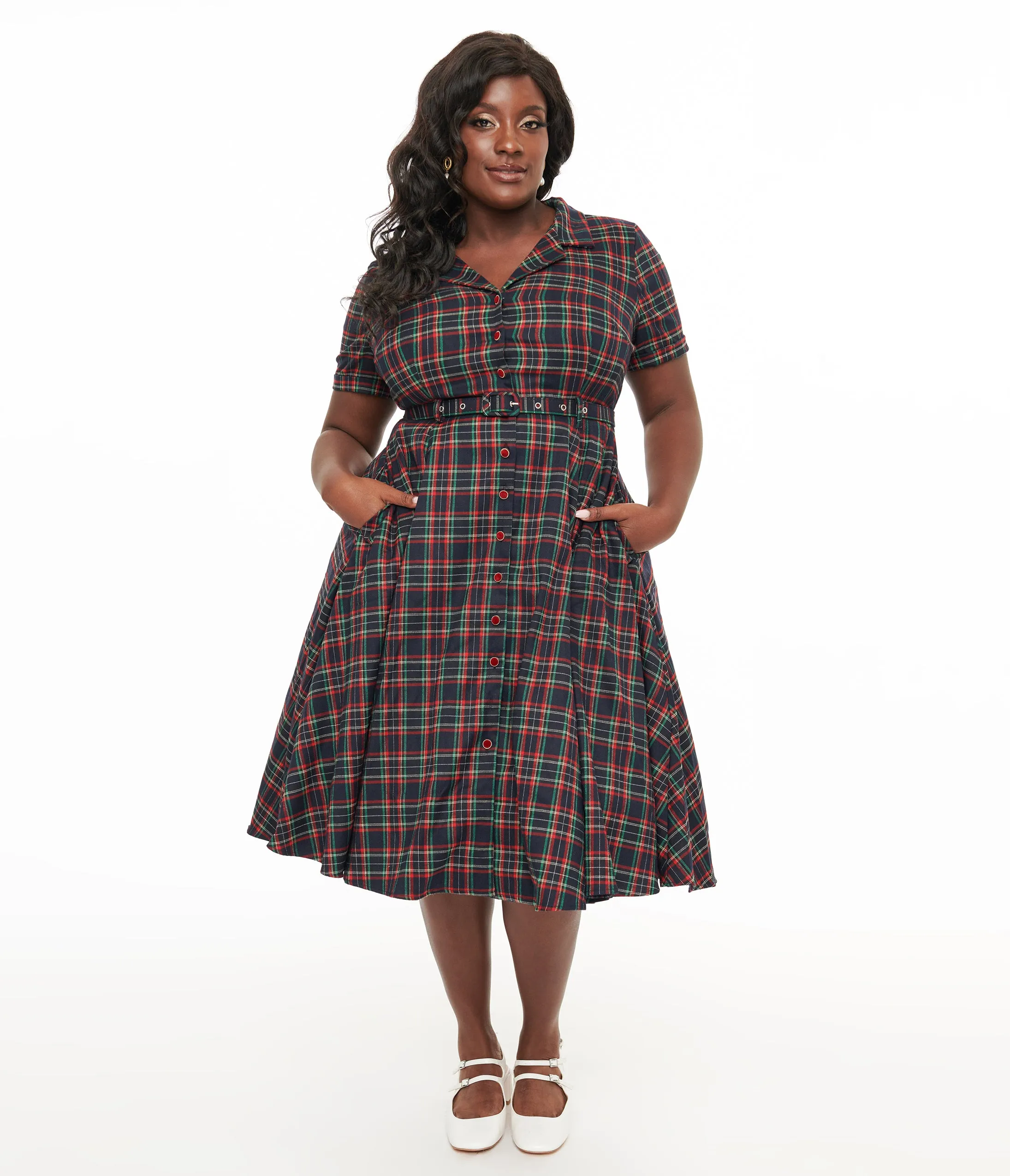 Royal Monk Plus Size 1950s Green & Red Plaid Merry Holidays Swing Dress sold by Unique Vintage product image thumbnail 3