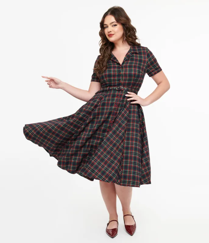 Royal Monk 1950s Green & Red Plaid Merry Holidays Swing Dress sold by Unique Vintage