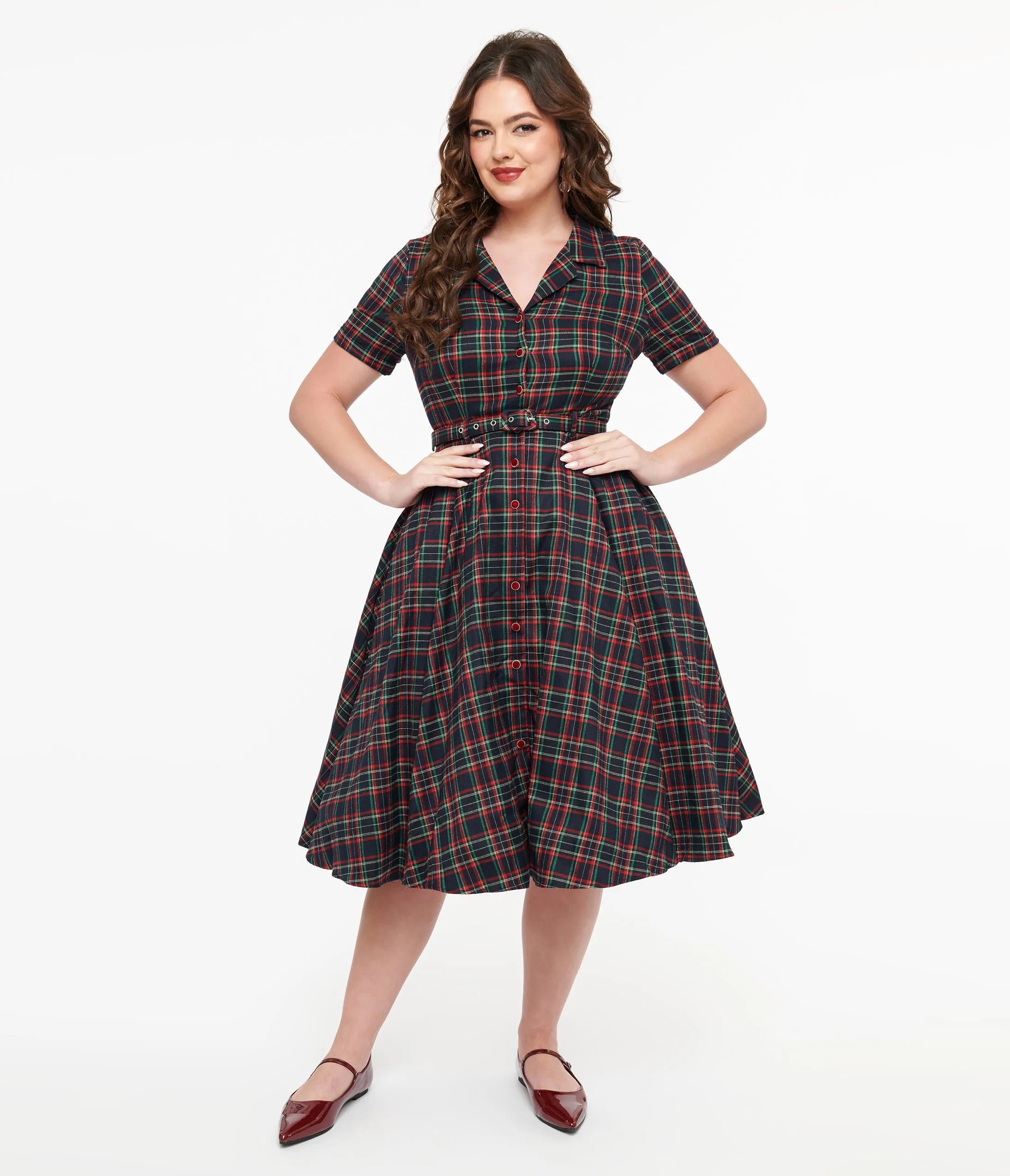 Royal Monk 1950s Green & Red Plaid Merry Holidays Swing Dress sold by Unique Vintage product image thumbnail 3