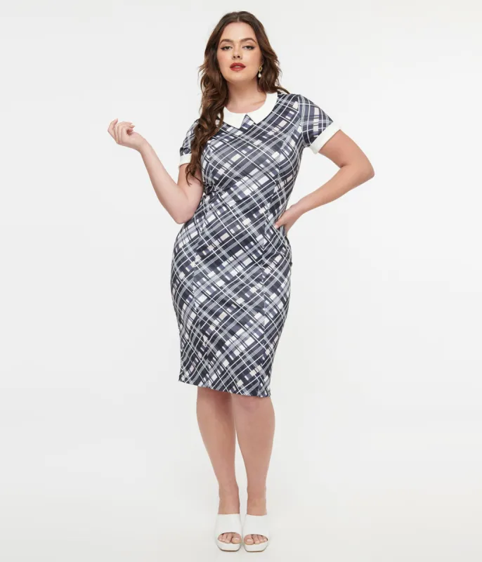 Dolly & Dotty 1950s White & Black Checkered Toni Wiggle Dress made by Unique Vintage