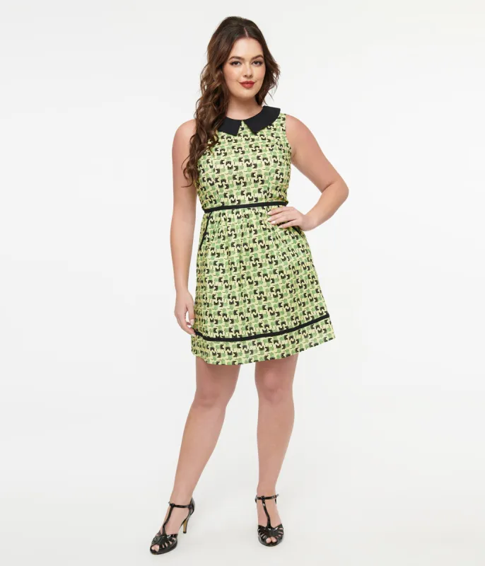 Retrolicious 1950s Green & Black Mod Cat Print Collared Fit & Flare Dress sold by Unique Vintage
