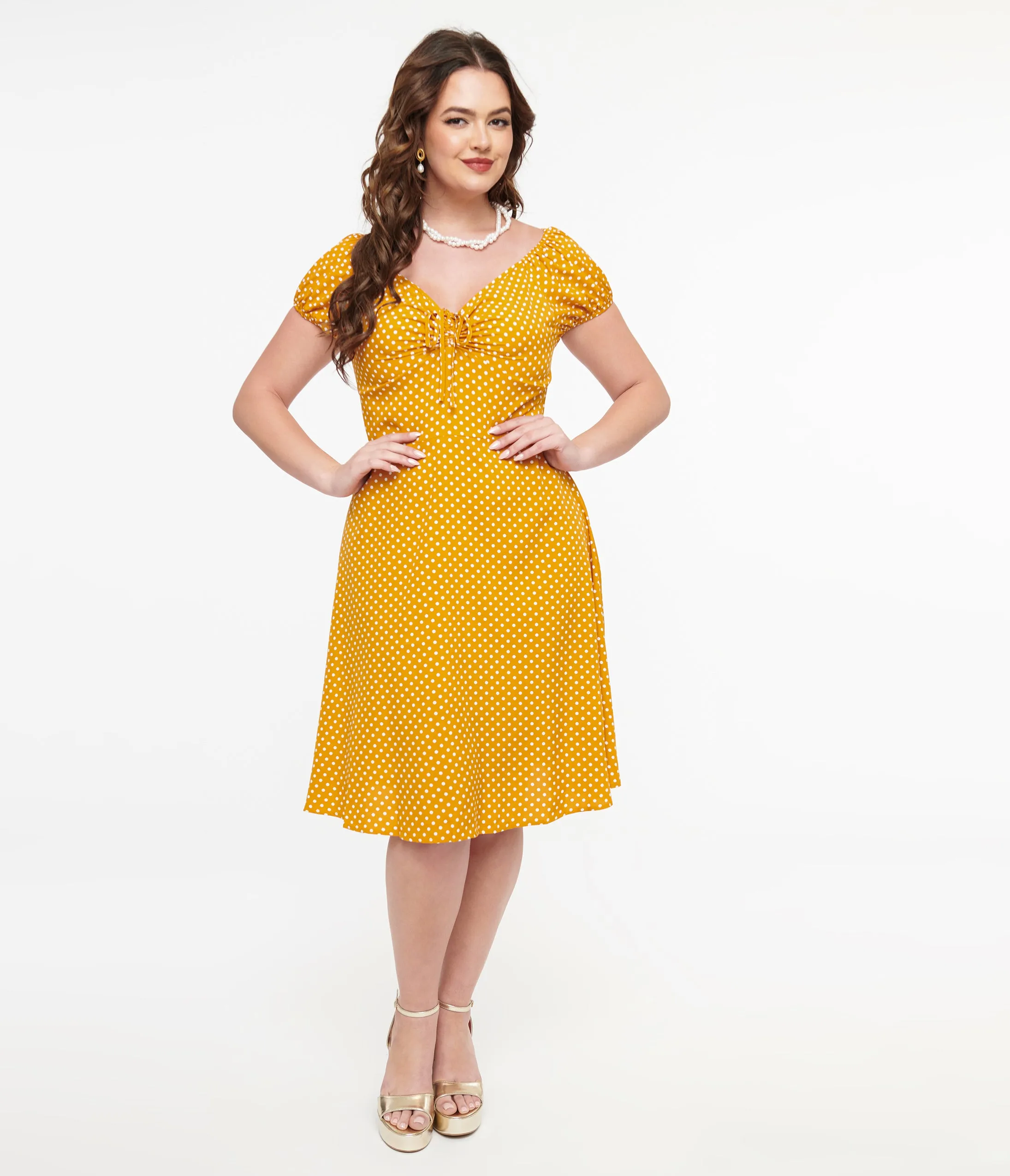Mustard & White Polka Dot Fit & Flare Dress sold by Unique Vintage product image thumbnail 3