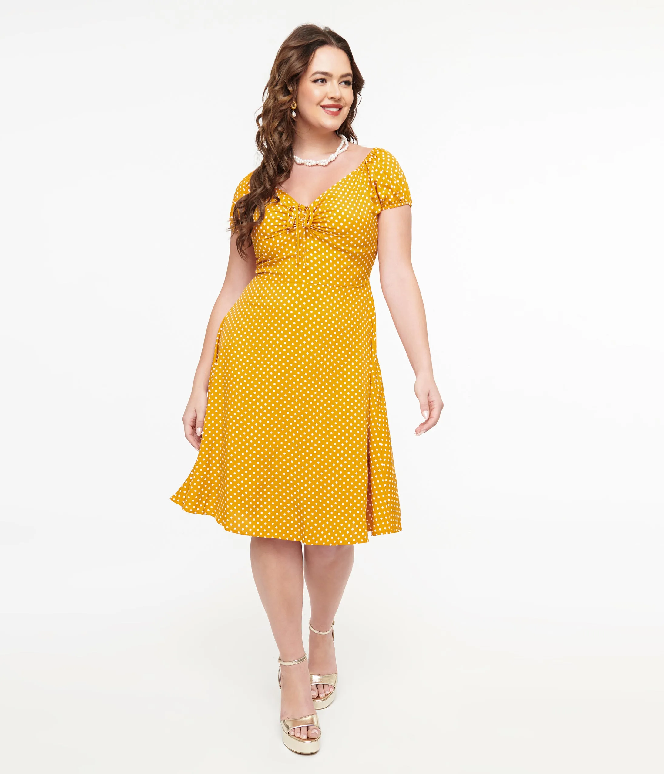 Mustard & White Polka Dot Fit & Flare Dress sold by Unique Vintage