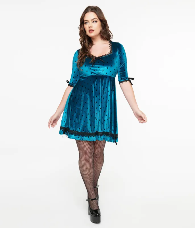 Jawbreaker Teal & Black Teardrop Velvet Mini Dress sold by Unique Vintage