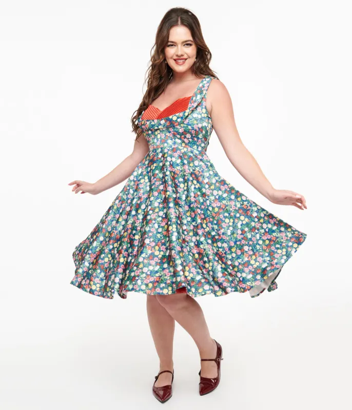 Dolly & Dotty 1950s Navy & Rose Print Grace Swing Dress sold by Unique Vintage
