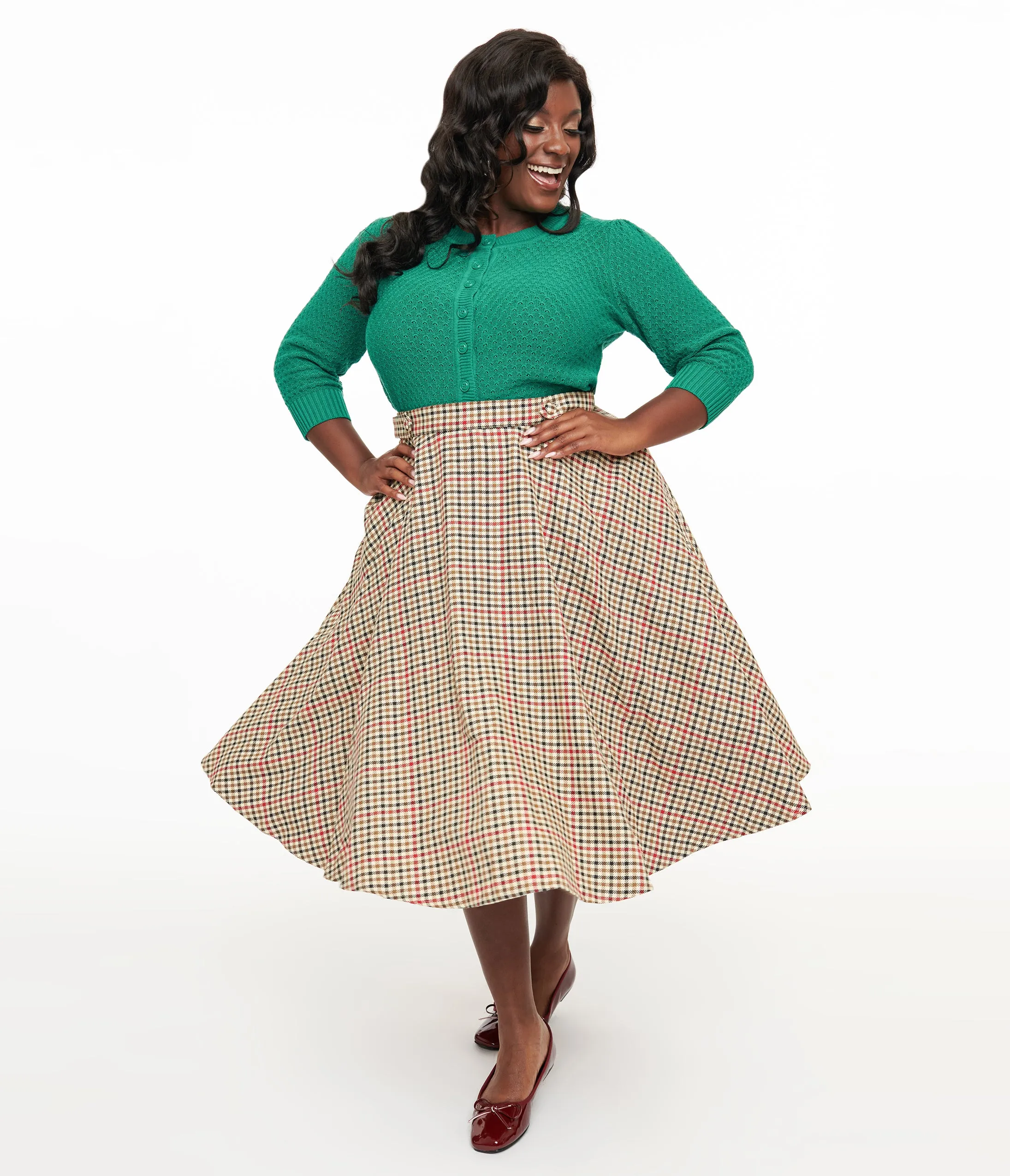 Royal Monk Plus Size 1950s Beige & Black Check Hilda Swing Skirt sold by Unique Vintage