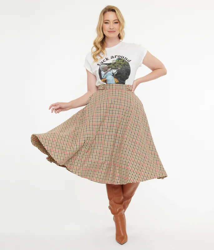 Royal Monk 1950s Beige & Black Check Hilda Swing Skirt sold by Unique Vintage