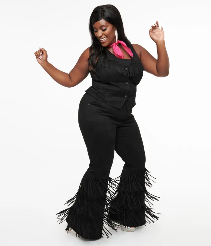 Smak Parlour Plus Size 1970s Black Suede Tassel Flare Pants sold by Unique Vintage