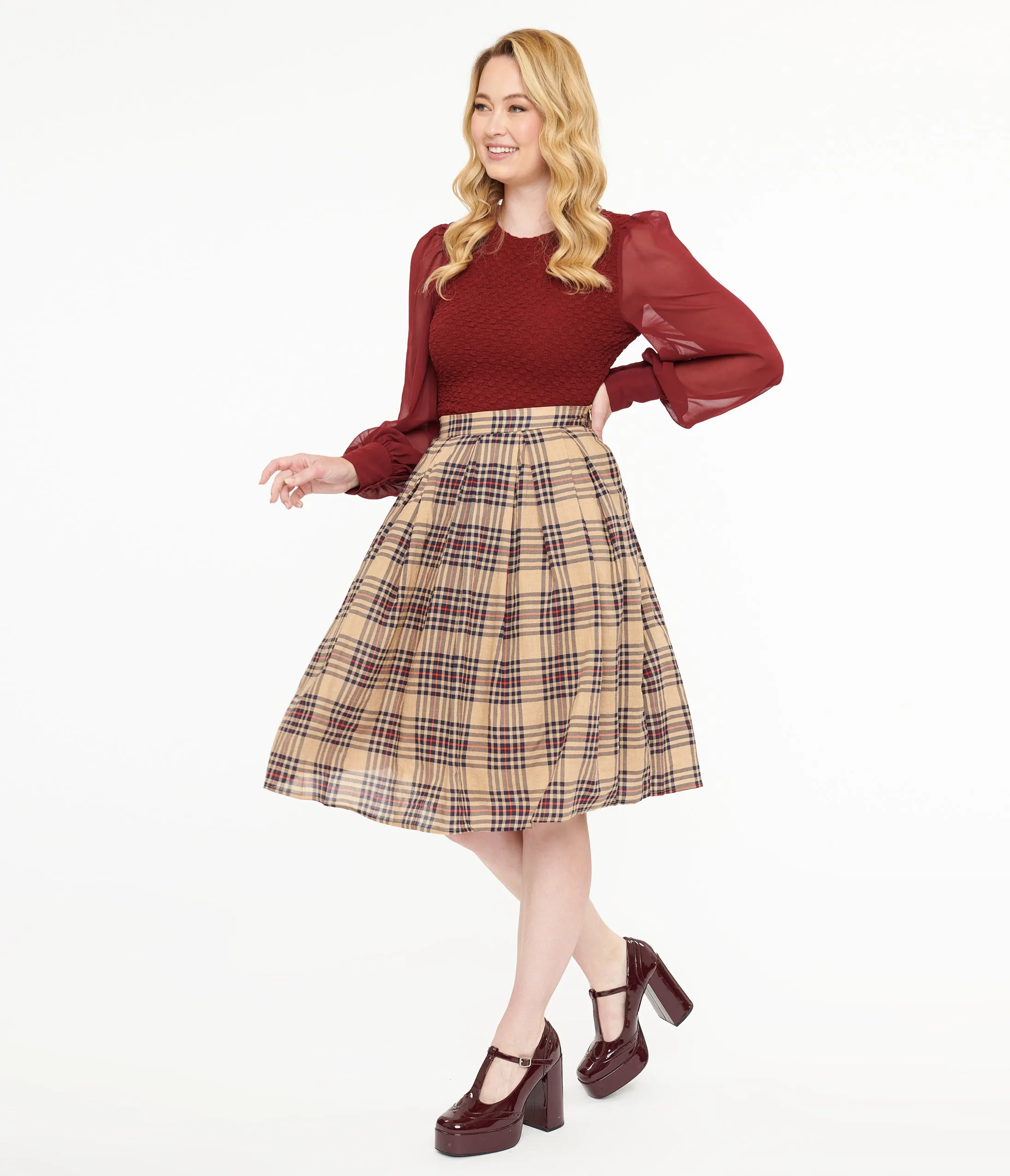 Khaki Plaid Fit & Flare Cotton Skirt sold by Unique Vintage