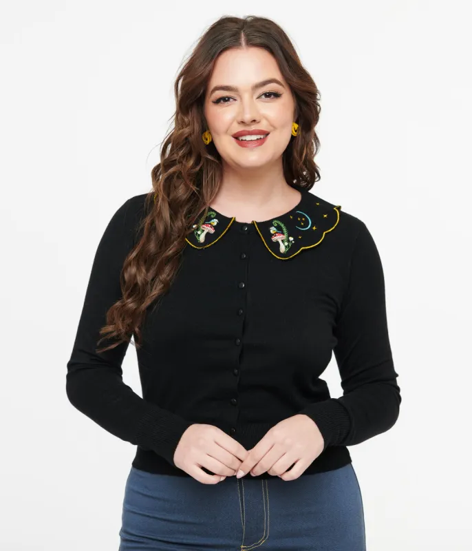 Voodoo Vixen 1950s Black Midnight Mushroom Cardigan made by Unique Vintage