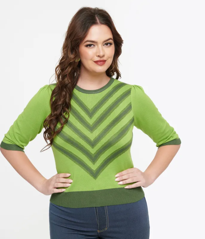 Voodoo Vixen 1960s Bright Green V Pattern Knit Top sold by Unique Vintage