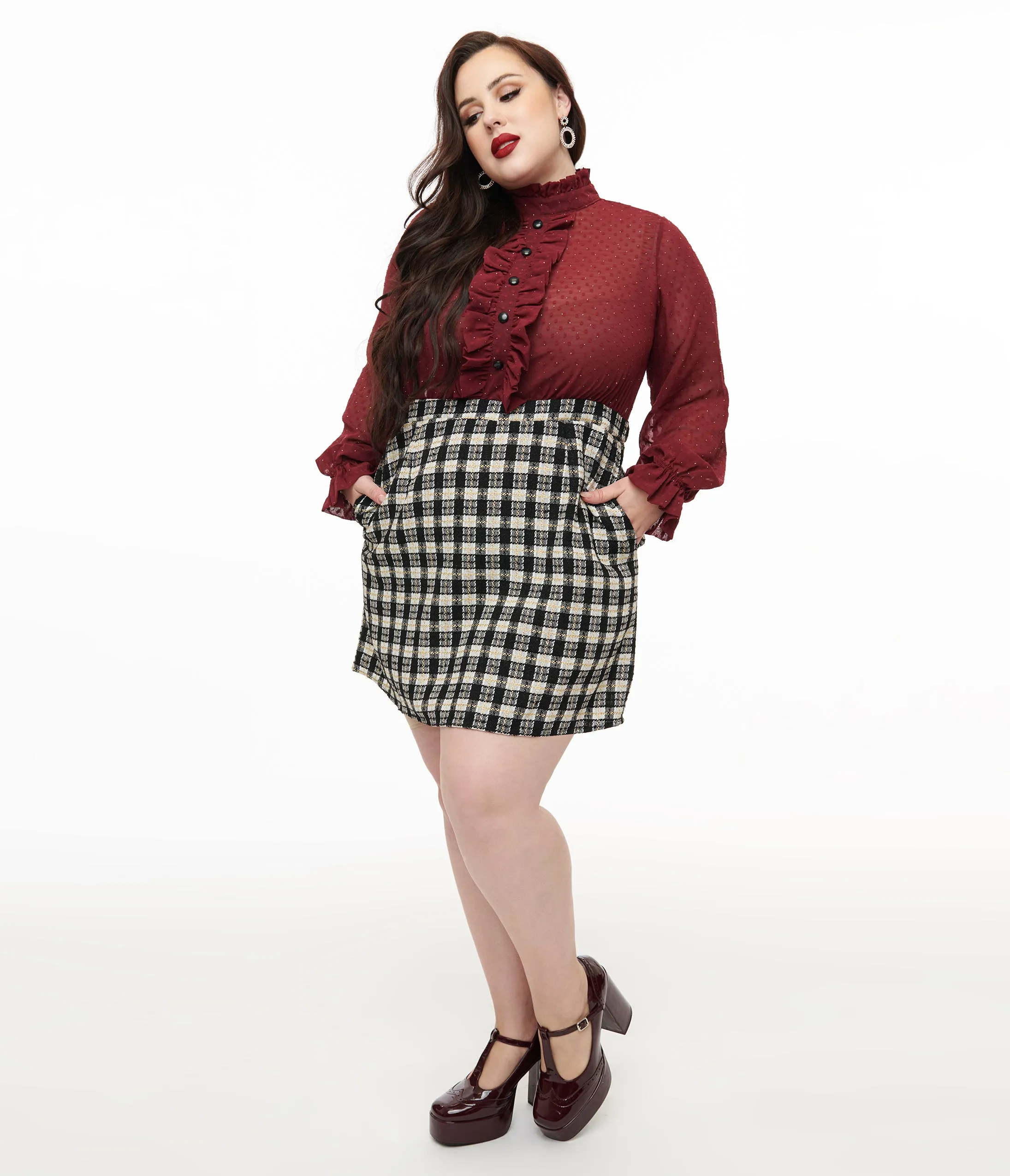 Smak Parlour Plus Size 1960s Burgundy & Plaid Ruffle Neck Empire A-Line Dress sold by Unique Vintage