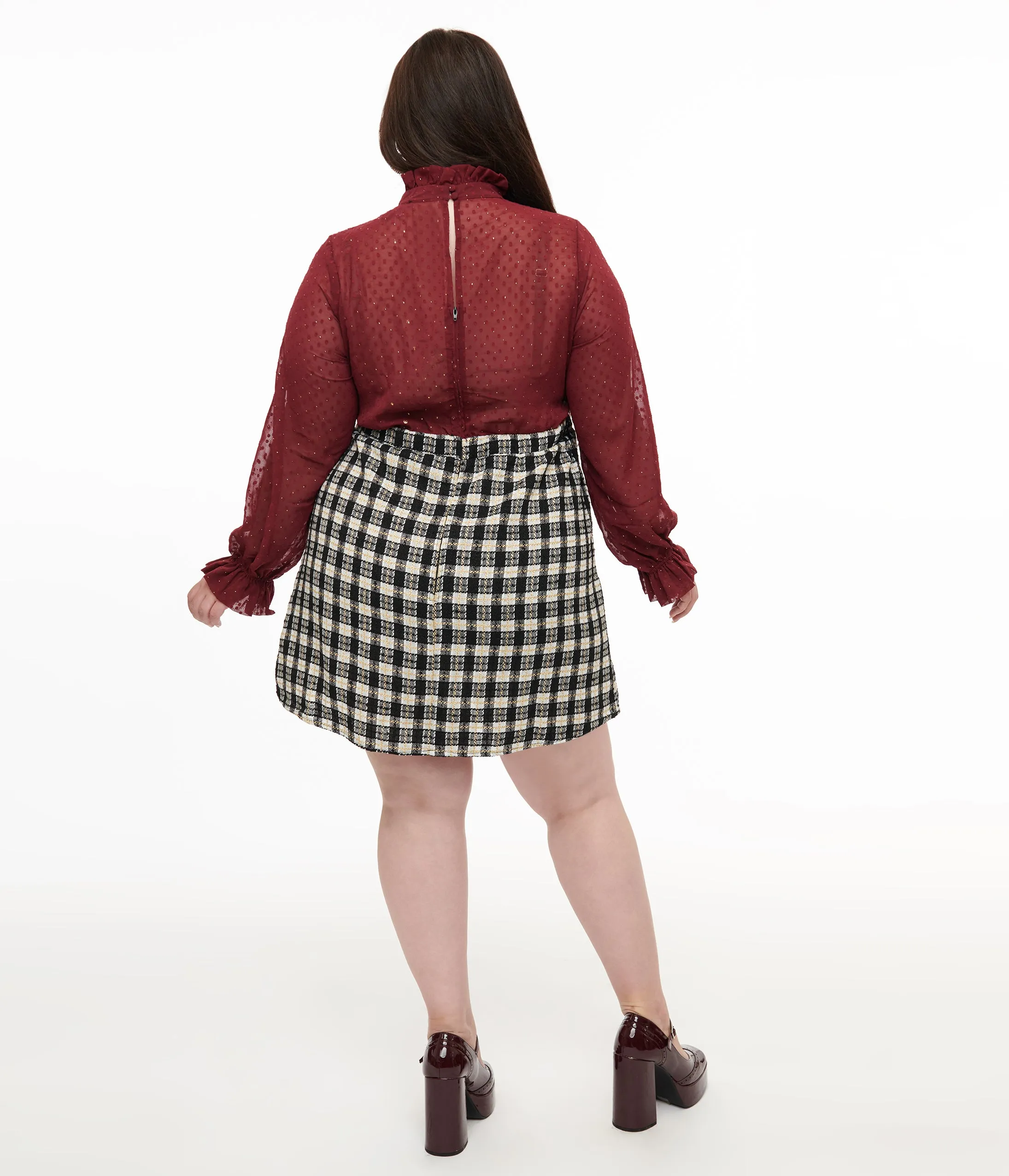 Smak Parlour Plus Size 1960s Burgundy & Plaid Ruffle Neck Empire A-Line Dress sold by Unique Vintage product image thumbnail 2