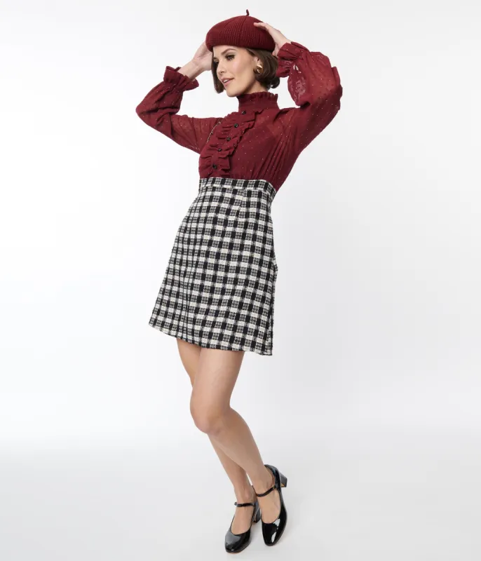 Smak Parlour 1960s Burgundy & Plaid Ruffle Neck Empire A-Line Dress sold by Unique Vintage